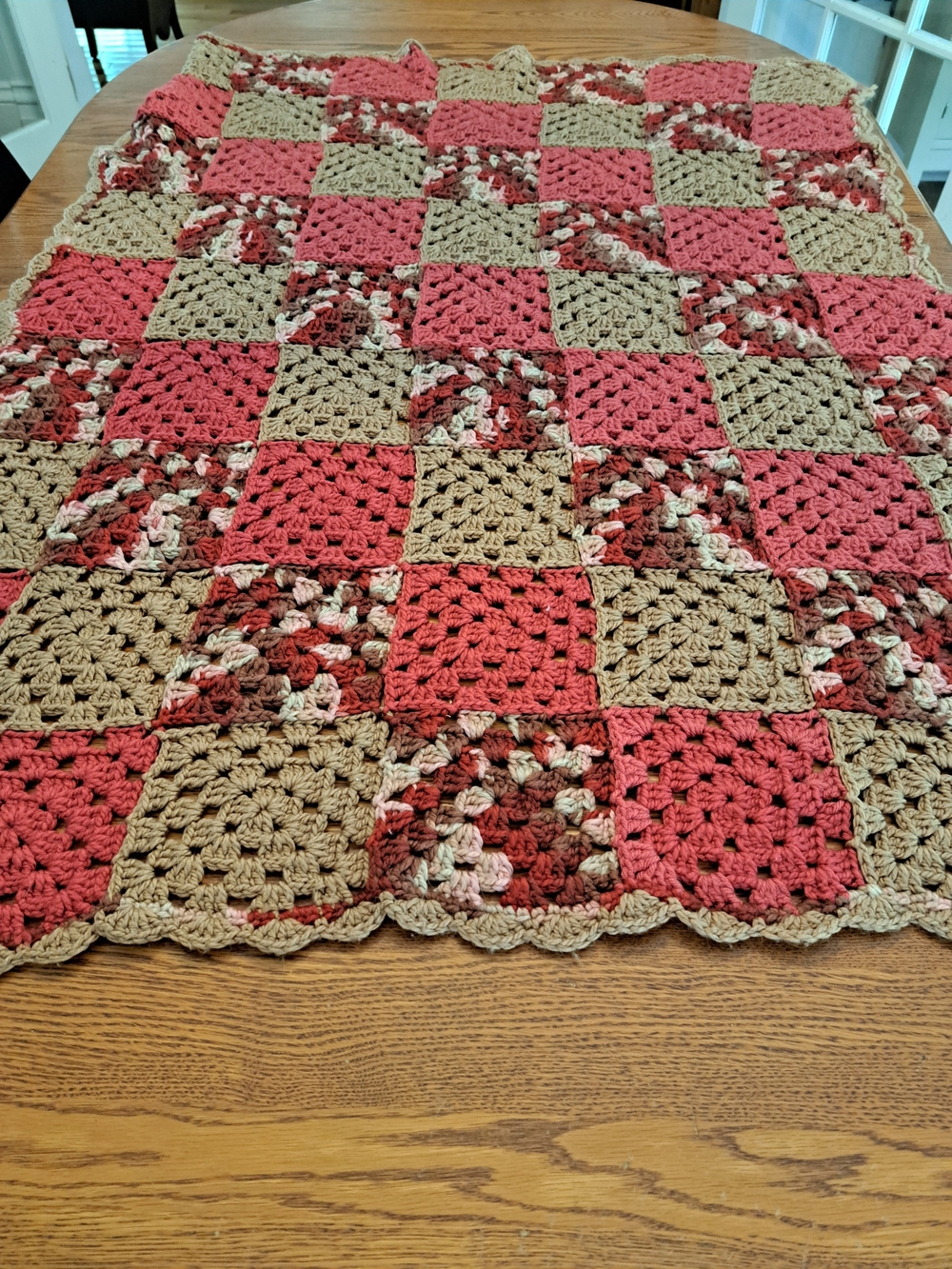 Handmade Crochet Patchwork Throw Blanket in Pink and Tan